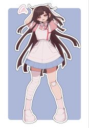 1girl apron bandaged_arm bandaged_leg bandages bandaid bandaid_on_knee bandaid_on_leg brown_hair collared_shirt d: danganronpa_(series) danganronpa_2:_goodbye_despair highres long_hair mi_shengwu_3.2_hao mole mole_under_eye open_mouth outline pink_shirt puffy_short_sleeves puffy_sleeves shirt shoes short_sleeves socks solo tsumiki_mikan two-tone_shirt white_apron white_background white_outline white_shirt white_shoes