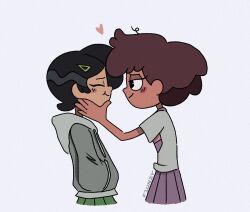 2girls amphibia anne_boonchuy artist_name black_hair blush brown_hair closed_eyes collared_shirt cropped_legs dark-skinned_female dark_skin f1unzy from_side green_skirt hair_ornament hairclip half-closed_eyes hand_on_another&#039;s_face hands_in_pockets heart hood hoodie looking_at_another marcy_wu multiple_girls pleated_skirt purple_skirt school_uniform shirt short_hair simple_background sjms_school_uniform skirt smile yuri