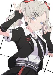 1girl \m/ absurdres black_jacket black_necktie black_skirt blue_eyes breasts ceras_yanagida_lilienfeld closed_mouth collared_shirt commentary_request cone_hair_bun double_\m/ double_bun dress_shirt earrings grey_hair hair_bun hair_ornament hairclip highres i_do_me!_(love_live!) jacket jewelry large_breasts link!_like!_love_live! love_live! medium_hair necktie official_alternate_costume official_alternate_hairstyle open_clothes open_jacket pleated_skirt shirt short-sleeved_jacket short_sleeves skirt smile solo split_mouth twintails virtual_youtuber white_background white_shirt x_hair_ornament zanpon