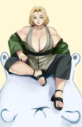 1girl absurdres blonde_hair breasts cleavage facial_mark female_focus forehead_mark full_body highres huge_breasts legs_apart long_hair looking_at_viewer muscular muscular_female nail_polish naruto_(series) puzzledartist sandals simple_background sitting slug solo toenail_polish toenails tsunade_(naruto)
