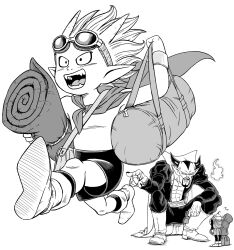 Rule 34 | 3boys, beelzebub (sand land), boots, cape, carrying, carrying bag, carrying under arm, commentary request, excited, facing ahead, facing another, father and son, flying sweatdrops, goggles, goggles on head, highres, horns, looking ahead, monochrome, multiple boys, muscular, muscular male, open mouth, pointing, pointy ears, running, sand land, sharp teeth, shorts, squatting, teeth, thief (sand land), topless male, toyotarou