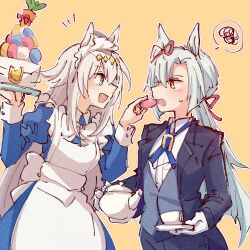 2girls :d alonemistrist alternate_costume animal_ears apron back_bow black_jacket black_pants blue_cross_tie blue_dress blue_eyes bow butler cake carrot collared_dress collared_shirt commentary cowboy_shot cross_tie diamond_hair_ornament dress dress_shirt enmaided feeding female_butler food fujimasa_march_(umamusume) gloves grey_hair hair_between_eyes hair_ribbon hands_up holding holding_cake holding_food holding_saucer holding_teapot horse_ears horse_girl horseshoe_ornament jacket lapels light_blush long_hair looking_at_another low_ponytail maid maid_apron maid_headdress multiple_girls notched_lapels notice_lines oguri_cap_(umamusume) open_mouth outline pants parted_bangs ponytail profile red_ribbon ribbon saucer shirt side-by-side sideways_mouth simple_background smile spoken_squiggle squiggle suit_jacket sweatdrop symbol-only_commentary teapot tuxedo umamusume umamusume:_cinderella_gray very_long_hair vest waistcoat white_apron white_bow white_gloves white_headdress white_outline white_shirt white_sleeve_cuffs yellow_background yellow_eyes