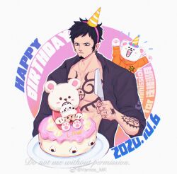 &gt;_&lt; 1boy arm_tattoo arms_up bepo black_hair cake character_name chest_tattoo closed_mouth dated earrings facial_hair food goatee happy_birthday hat jewelry long_sideburns male_focus one_piece party_hat short_hair sideburns tattoo trafalgar_law vamos_mk
