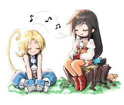 Rule 34 | 1boy, 1girl, :3, bare shoulders, black choker, blue pants, blue wrist cuffs, bodysuit, boots, breasts, cat tail, choker, closed eyes, cropped vest, crystal, dede (qwea 00000), final fantasy, final fantasy ix, full body, garnet til alexandros xvii, gloves, grey boots, grey gloves, hair tubes, indian style, jewelry, long sleeves, low ponytail, medium breasts, mushroom, music, musical note, orange bodysuit, own hands together, pants, pendant, ponytail, puffy long sleeves, puffy sleeves, red boots, red gloves, shirt, singing, sitting, tail, thigh strap, tree stump, vest, white background, white shirt, wrist cuffs, zidane tribal