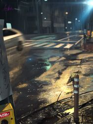 absurdres banishment building car city commentary_request crosswalk highres motion_blur motor_vehicle night no_humans original outdoors photorealistic rain realistic road scenery sidewalk signature wet_pavement
