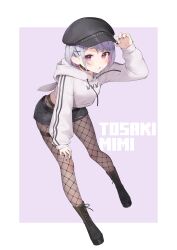 1girl absurdres black_choker black_hat black_nails black_shorts border cattleya_regina_games choker colored_inner_hair commission fishnets hair_ornament hat highres hood hood_down izumi_kei long_sleeves looking_at_viewer multicolored_hair pantyhose parted_lips pink_hair red_eyes short_hair shorts solo streaked_hair thick_eyebrows tosaki_mimi tosaki_mimi_(3rd_costume) virtual_youtuber vspo! white_border