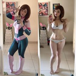 Rule 34 | 1girl, ass, bare shoulders, bodysuit, boku no hero academia, brazilian (nationality), breasts, brown hair, cellphone, cleavage, closed mouth, cosplay, feet, fegalvao, female focus, full body, holding, holding phone, indoors, long hair, maria fernanda galv&atilde;o, medium breasts, multiple views, navel, phone, photo (medium), real life, selfie, sidelocks, smartphone, smile, standing, stomach, thighs, undressing, uraraka ochako, uraraka ochako (cosplay)
