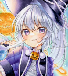 1girl alternate_costume alternate_headwear black_gloves black_hat blush commentary fingerless_gloves flask gloves grey_hair grin halloween_costume hat holding holding_flask jack-o&#039;-lantern long_hair looking_at_viewer mononobe_no_futo nekofish666 ponytail purple_eyes round-bottom_flask smile solo touhou traditional_media twitter_username witch_hat