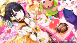 1girl 3others animal_costume apron black_hair bow breasts brown_bow carrot cleavage_cutout clothing_cutout collarbone commentary_request cooking_oil dog_costume dress dutch_angle english_text food foreground_text frilled_apron frilled_dress frilled_sleeves frills frying_pan game_cg hair_bow halftone halftone_background hamburger_steak heart highres holding holding_spatula idolmaster idolmaster_shiny_colors index_finger_raised kazano_hiori long_hair looking_at_viewer measuring_cup mole mole_under_eye multiple_others official_art one_eye_closed orange_dress plate ponytail puffy_short_sleeves puffy_sleeves purple_eyes salt_shaker short_sleeves small_breasts smile sparkle spatula standing star_(symbol) turtle_costume underbust vegetable white_apron white_sleeves yellow_bow