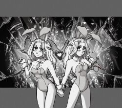 Rule 34 | 2girls, :3, animal ear hairband, animal ears, bare shoulders, blood, bloody knife, bloody weapon, braid, breasts, broken glass, cleavage, collarbone, commentary, curtained hair, dagger, detached collar, dual persona, english commentary, extra faces, fake animal ears, fake tail, feet out of frame, frown, glass, glass shards, greyscale, hairband, half up braid, hand up, heart, highres, holding, holding dagger, holding hands, holding knife, holding weapon, knife, leotard, letterboxed, long hair, monochrome, multiple girls, necktie, one eye closed, outside border, playboy bunny, princess (slay the princess), rabbit ear hairband, rabbit ears, rabbit tail, short necktie, signature, slay the princess, small breasts, smile, standing, stitched mouth, stitches, strapless, strapless leotard, tail, the adversary (slay the princess), the beast (slay the princess), the damsel (slay the princess), the nightmare (slay the princess), the prisoner (slay the princess), the razor (slay the princess), the spectre (slay the princess), the stranger (slay the princess), the witch (slay the princess), weapon, wing collar, wrist cuffs, wwwjam