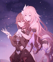 2girls absurdres bare_shoulders black_dress black_shorts breasts brown_hair catandcrumbles commentary dress eden_(honkai_impact) elf elysia_(herrscher_of_human:_ego)_(honkai_impact) elysia_(honkai_impact) english_commentary gloves hair_ornament highres holding_hands honkai_(series) honkai_impact_3rd hug hug_from_behind large_breasts long_hair multiple_girls night night_sky outdoors parted_lips pink_hair pointy_ears purple_eyes short_shorts shorts sky tears very_long_hair white_gloves yuri