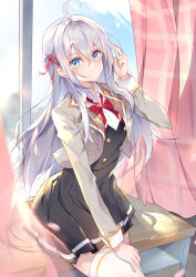 1girl absurdres adjusting_hair ahoge alisa_mikhailovna_kujou black_skirt black_vest blue_eyes bow bowtie buttons collared_shirt cropped_jacket curtains desk double-breasted falling_petals grey_jacket hair_between_eyes hair_ribbon hand_on_own_thigh high-waist_skirt highres indoors jacket kyou_shuka long_hair long_sleeves looking_at_viewer on_desk petals pleated_skirt red_bow red_bowtie red_ribbon ribbon school_uniform seiren_academy_school_uniform shirt sitting skirt smile solo thighhighs tokidoki_bosotto_roshia-go_de_dereru_tonari_no_alya-san vest white_hair white_shirt white_thighhighs window zettai_ryouiki