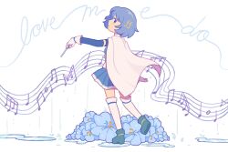 1girl blue_boots blue_eyes blue_flower blue_hair blunemone boots cape commentary detached_sleeves english_commentary flower fortissimo from_behind full_body gloves hair_ornament highres holding_baton magical_girl mahou_shoujo_madoka_magica mahou_shoujo_madoka_magica_(anime) miki_sayaka miki_sayaka_(magical_girl) musical_note musical_note_hair_ornament puddle rain sheet_music shoe_soles short_hair solo standing standing_on_one_leg thighhighs water white_cape white_gloves white_thighhighs