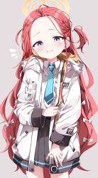 Rule 34 | 1girl, blue archive, blush, bow, braid, cowboy shot, forehead, frown, hair bow, halo, highres, jacket, long hair, long sleeves, looking at viewer, messy hair, millennium science school logo, multicolored jacket, open mouth, orange halo, purple eyes, red hair, sabana, school uniform, simple background, solo, very long hair, white background, white bow, white jacket, yuzu (blue archive)