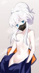 1girl blue_eyes blue_jacket colored_eyelashes commentary convenient_censoring deux_murasame flat_chest freckles grey_background gundam gundam_gquuuuuux head_tilt highres jacket long_hair looking_at_viewer masked mutyo navel pale_skin purple_pupils sidelocks simple_background solo steaming_body sweat undressing updo upper_body white_eyelashes