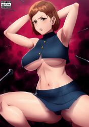 1girl armpits arms_behind_head arms_up artist_logo artist_name black_panties blue_skirt breasts brown_eyes brown_hair crop_top feet_out_of_frame female_focus gluteal_fold highres jujutsu_kaisen kugisaki_nobara large_breasts lips logo looking_at_viewer midriff miniskirt nail_(hardware) navel no_bra ohdax panties pantyshot parted_lips pleated_skirt shiny_skin short_hair skirt sleeveless solo spread_legs squatting teeth thick_thighs thighs underwear