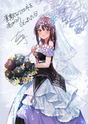 Rule 34 | 1girl, alternate costume, b9-n3, black flower, black rose, blush, bouquet, brown eyes, brown hair, closed mouth, commentary, dress, duel monster, flower, frilled dress, frills, hair between eyes, hair ornament, highres, holding, holding bouquet, holding umbrella, idolmaster, idolmaster cinderella girls, idolmaster cinderella girls starlight stage, long hair, mifune miyu, rose, signature, smile, snowflake hair ornament, solo, teardrop the rikka queen, umbrella, veil, white nails, yu-gi-oh!