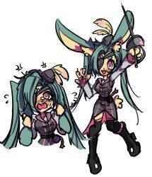 1girl anger_vein animal_ears animal_hands ayekakachan blue_hair boots concept_art crying crying_with_eyes_open epee eyepatch flying_sweatdrops full_body furry hat hat_feather highres long_hair multiple_views open_mouth original pink_eyes rabbit_ears rabbit_girl rabbit_paws rabbit_tail rapier simple_background sketch smile sweatdrop sword tail tears thighhighs twintails weapon white_background yellow_fur