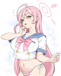 1girl absurdres ahoge bikini blue_archive blue_sailor_collar blush braid breast_pocket breasts cowboy_shot green_eyes halo hanako_(blue_archive) head_tilt highres large_breasts looking_at_viewer navel open_mouth panties parabi pink_hair pink_halo pocket sailor_collar school_uniform serafuku side-tie_panties side_braid single_braid solo string_pull striped_bikini striped_clothes striped_panties swimsuit trinity_general_school_swimsuit underwear white_serafuku