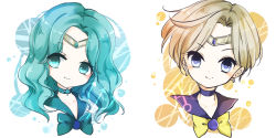 2girls aqua_eyes aqua_hair bishoujo_senshi_sailor_moon blonde_hair blue_eyes blue_sailor_collar bow earrings green_bow jewelry kaiou_michiru long_hair looking_at_viewer magical_girl multiple_girls neptune_symbol no_nose outer_senshi sailor_collar sailor_neptune sailor_senshi sailor_uranus short_hair smile ten&#039;ou_haruka tiara upper_body uranus_symbol yellow_bow yuuki_susumu