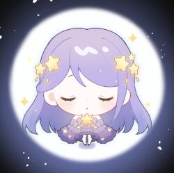 1girl :o baonu_de_zhanshen_caibutou bare_legs bare_shoulders black_shoes blush_stickers chibi chinese_commentary closed_eyes commentary_request dot_nose dress elbow_gloves eyelashes frilled_dress frills full_moon gloves gown hair_ornament highres infinity_nikki light_particles long_dress long_hair moon night night_sky nikki_(series) object_floating_above_hand parted_lips purple_dress purple_gloves purple_hair shadow shoes sky solo standing star_(symbol) star_hair_ornament star_print star_sea_(nikki) straight-on strapless strapless_dress swept_bangs very_long_hair