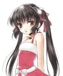 bare_shoulders bell black_hair brown_eyes christmas collar flat_chest hair_ribbon jyuru kooh long_hair neck_bell open_mouth pangya ribbon santa_costume simple_background solo twintails