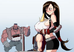 Rule 34 | 1990s (style), 1girl, 2boys, barret wallace, between breasts, blonde hair, blush, breast smother, breasts, brown hair, cloud strife, dark-skinned male, dark skin, face to breasts, final fantasy, final fantasy vii, gradient background, head between breasts, head under another&#039;s clothes, head under shirt, large breasts, long hair, low-tied long hair, matsu-sensei, md5 mismatch, mideel, multiple boys, one eye closed, red eyes, retro artstyle, shared clothes, spiked hair, square enix, stuck, thumbs up, tifa lockhart, under another&#039;s clothes, under shirt, very long hair, wheelchair