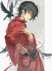 1boy absurdres bird black_hair black_sash commentary_request cowboy_shot crow daiba_shizuma earrings hand_on_own_hip hand_on_own_shoulder highres japanese_clothes jewelry kimono long_sleeves looking_at_viewer male_focus medium_hair ooe_(game) red_eyes red_kimono sash solo sona_(lnjixn) tongue wide_sleeves