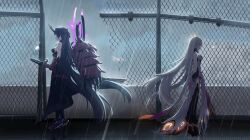 2girls absurdly_long_hair artist_request back-to-back bare_shoulders black_hair boots breasts chain-link_fence cloud cloudy_sky duel fence from_side hair_ornament high_heels highres holding honkai_(series) honkai_impact_3rd horns katana kiana_kaslana kiana_kaslana_(herrscher_of_the_void) long_hair medium_breasts multiple_girls official_art oni_horns outdoors raiden_mei raiden_mei_(herrscher_of_thunder) rain reflection ripples rooftop sideboob sky sleeveless standing sword thighhighs vambraces very_long_hair water_drop weapon white_hair