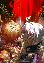 Rule 34 | 2boys, antenna hair, arm tattoo, armlet, black shirt, blonde hair, blood, blood on face, braid, chest tattoo, clawed gauntlets, closed eyes, commentary, dayooongg, english commentary, facial tattoo, gold necklace, gradient hair, hair between eyes, hand on another&#039;s face, highres, honkai: star rail, honkai (series), jewelry, kiss, male focus, medium hair, multicolored hair, multiple boys, mydei (honkai: star rail), necklace, phainon (honkai: star rail), red hair, red tattoo, shirt, short hair, side braid, sun print, tattoo, tears, twitter username, white hair, yaoi, yellow blood