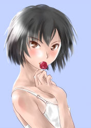 1girl amagami bare_shoulders black_hair blue_background blush bob_cut brown_eyes camisole cherry eating female_focus food fruit looking_at_viewer looking_to_the_side murasaki_iro nanasaki_ai portrait short_hair simple_background solo tan tanline