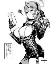 1girl ako_(blue_archive) artificial_vagina bell blue_archive blush breasts closed_mouth cowboy_shot dildo from_side gloves greyscale hairband half_gloves halo highres holding holding_sex_toy jacket large_breasts long_sleeves looking_at_viewer monochrome neck_bell otimusyairoha sex_toy shirt sideboob simple_background solo squiggle translation_request white_background