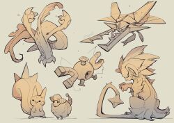absurdres animal_focus artist_name blush_stickers buck_teeth bug claws closed_mouth eelektross electricity fangs floating from_behind full_body gen_1_pokemon gen_2_pokemon gen_4_pokemon gen_5_pokemon gen_7_pokemon green_background half-closed_eyes happy highres looking_at_viewer looking_to_the_side luxray magnemite magnet mareep monochrome nintendo no_humans one-eyed pachirisu pokemon pokemon_(creature) scarvii screw sheep signature simple_background sitting sketch smile smug standing teeth trait_connection twitter_username vikavolt