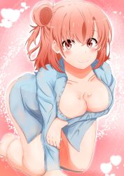 1girl absurdres arm_under_breasts blue_skirt blush breasts cleavage closed_mouth collared_shirt commentary_request feet_out_of_frame hair_bun highres jksfs large_breasts looking_at_viewer medium_breasts naked_shirt orange_eyes orange_hair shirt single_hair_bun single_side_bun skirt solo yahari_ore_no_seishun_lovecome_wa_machigatteiru. yuigahama_yui
