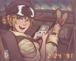 1991 1girl artist_name black_hat blonde_hair blue_eyes boots breasts brown_boots camouflage desert_camouflage fake_photograph feet_up fire from_behind game_boy game_boy_(original) goggles goggles_on_headwear gulf_war gun handheld_game_console hat highres holding holding_handheld_game_console large_breasts localspaghetto looking_at_viewer looking_back military military_uniform open_mouth original playing_games sitting sleeves_rolled_up smile soldier solo sterling_smg submachine_gun teeth tetris timestamp turning_head vehicle_interior weapon