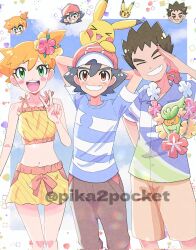 Rule 34 | &gt; &lt;, 1girl, 2boys, :d, ash ketchum, baseball cap, black hair, blush, blush stickers, breasts, brock (pokemon), brown eyes, brown hair, brown pants, brown shorts, closed eyes, comfey, eyelashes, flower, gen 1 pokemon, gen 7 pokemon, gloves, green eyes, green shirt, grin, gym leader, hair flower, hair ornament, hat, highres, ichi (pikapikapocket), looking at viewer, midriff, misty (pokemon), multiple boys, navel, nintendo, on head, open mouth, orange hair, orange shorts, pants, pikachu, pokemon, pokemon (anime), pokemon (classic anime), pokemon (creature), pokemon on head, pokemon rgby, pokemon sm102, pokemon sm (anime), ponytail, shirt, short hair, short sleeves, shorts, side ponytail, sleeveless, sleeveless shirt, smile, spiked hair, standing, striped clothes, striped shirt, suspenders, t-shirt, teeth, tongue, upper teeth only, v, yellow shirt