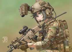 1girl acog assault_rifle backpack bag belt belt_pouch black_hair camouflage camouflage_jacket camouflage_pants commentary english_commentary fn_scar gloves gpnvg-18 green_eyes gun headset helmet holding holding_weapon jacket jpc kneeling laser_aiming_module load_bearing_vest magazine_(weapon) military military_combat_uniform military_uniform night-vision_device on_one_knee original pants pouch rifle safety_glasses scope tactical_clothes trigger_discipline weapon wide_field_of_view_device