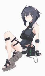 1girl arknights bare_shoulders black_eyes black_gloves black_hair black_jacket black_sandals commentary fingerless_gloves full_body gloves grey_sandals hair_ornament hairclip highres infection_monitor_(arknights) jacket la_pluma_(arknights) looking_at_viewer platform_sandals saiy0u sandals shoe_soles short_hair simple_background sitting sleeveless sleeveless_jacket solo thigh_strap white_background