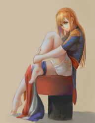 1girl aqua_eyes beige_background blonde_hair blue_jacket braid crown_braid dao_(635187) epaulettes eyebrows female_focus flag france french_flag from_side full_body green_eyes highres hugging_own_legs jacket knee_up leg_up light_frown long_hair looking_at_viewer looking_to_the_side military_jacket no_shoes pantyhose plantar_flexion richelieu_(warship_girls_r) short_shorts short_sleeves shorts sitting solo stool uniform warship_girls_r white_pantyhose white_shorts