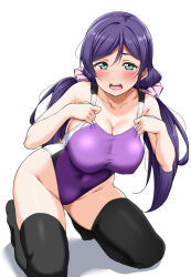 1girl bare_arms bare_shoulders black_thighhighs blush breasts cleavage collarbone commentary_request covered_navel embarrassed full_body green_eyes hair_ornament highleg highleg_one-piece_swimsuit highres kneeling large_breasts long_hair looking_at_viewer love_live! love_live!_school_idol_project one-piece_swimsuit purple_hair purple_one-piece_swimsuit simple_background solo swimsuit thighhighs thighs tojo_nozomi twintails white_background yopparai_oni