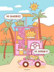 artist_name barbie_(character) barbie_(franchise) barbie_(live_action) blush_stickers car chair cloud commentary day doll_house english_commentary english_text faucet frog_boy grass highres kitchen motor_vehicle mountainous_horizon niniwanted outdoors palm_tree plant sky smile solid_circle_eyes speech_bubble sports_car sun table toon_(style) tree umbrella waving window