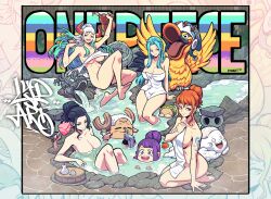 Rule 34 | 1boy, 5girls, absurdres, completely nude, female focus, full body, highres, kurozumi tama, long hair, looking at viewer, lydart mclo, multiple girls, nami (one piece), nefertari vivi, nico robin, non-web source, nude, one piece, onsen, tony tony chopper, yamato (one piece), zeus (one piece)