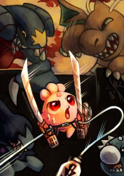 deino_(pokemon) dragonite dratini dual_wielding gameplay_mechanics garchomp gen_1_pokemon gen_2_pokemon gen_4_pokemon gen_5_pokemon haychel holding igglybuff nintendo no_humans open_mouth parody pokemon pokemon_(creature) shingeki_no_kyojin sweatdrop sword three-dimensional_maneuver_gear watermark weapon web_address
