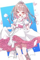 1girl alternate_costume blurry blurry_background brown_hair colored_inner_hair dress fangs flat_chest hair_intakes highres long_hair looking_at_viewer makaino_ririmu multicolored_hair nijisanji open_mouth petticoat pink_hair pink_petticoat pointy_ears puffy_short_sleeves puffy_sleeves red_eyes roku_(ntbr_fate) short_sleeves smile solo streaked_hair tiara two-tone_background two-tone_hair two_side_up virtual_youtuber white_dress