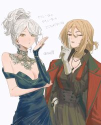 2girls :d :o arm_under_breasts bare_shoulders black_shirt blue_dress breasts cleavage coat coat_on_shoulders dress eternity_(reverse:1999) gloves hand_in_pocket hand_up high_ponytail highres index_finger_raised jellyfish_earrings jewelry large_breasts looking_at_viewer medium_hair multiple_girls necklace oji-sama_(ochi4t) open_mouth ponytail red_coat red_eyes reverse:1999 shirt single_sleeve smile tennant_(reverse:1999) twitter_username upper_body white_background white_gloves white_hair yellow_eyes