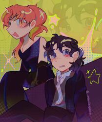 2girls :d artist_name black_dress black_hair black_jacket black_pants blush breasts cleavage collared_shirt commentary dress ear_piercing english_commentary gradient_eyes halftone heart highres jacket kininatteru_hito_ga_otoko_ja_nakatta koga_mitsuki long_hair long_sleeves mole mole_under_eye multicolored_eyes multiple_girls necktie oosawa_aya open_mouth orange_eyes orange_hair pants parted_lips piercing purple_eyes s_mimikyuxx shirt short_hair sitting sleeveless sleeveless_dress smile vest waistcoat zoom_layer
