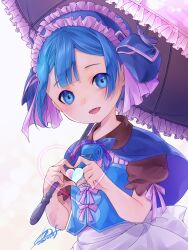 1boy blue_eyes blue_hair child four-finger_heart_hands heart heart_hands highres looking_at_viewer made_in_abyss maruruk parasol qoo1234 solo trap umbrella
