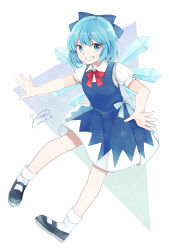 1girl black_shoes blue_bow blue_dress blue_eyes blue_hair bow bowtie cirno commentary dated dress dress_bow full_body hair_bow highres hiroe_(cosmos_blue-02_421) ice ice_wings looking_at_viewer mary_janes puffy_short_sleeves puffy_sleeves red_bow red_bowtie shoes short_hair short_sleeves signature smile socks solo touhou white_socks wings