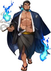 Rule 34 | 1boy, abs, bara, bare pectorals, black hair, blue fire, chain, facial hair, fire, japanese clothes, kiseru, large pectorals, light smile, male focus, muscular, muscular male, official art, parted lips, pectorals, ponytail, sandals, sandayu (housamo), scar, scar on face, smoking pipe, solo, spiked hair, tarutoru, thick eyebrows, tokyo houkago summoners, transparent background