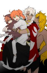 4boys aged_down ahoge arms_around_waist barefoot black_background black_nails blonde_hair braid brown_cloak cape chaldea_no_mono cloak closed_mouth coat commentary dark-skinned_male dark_skin empty_eyes fate/grand_order fate_(series) frown furrowed_brow goetia_(fate) gradient_background green_eyes hair_between_eyes hair_over_shoulder highres hood hood_up hooded_cloak hug hug_from_behind jewelry king_of_men_goetia_(fate) lifting_person long_hair long_sleeves looking_at_another male_focus multiple_boys multiple_rings myg_8028 nail_polish neck_ring open_mouth orange_eyes orange_hair pants rectangular_mouth red_cape red_eyes ring romani_archaman simple_background single_braid smile solomon_(fate) sweat symbol-only_commentary tassel toenail_polish toenails topless_male torn_cloak torn_clothes torn_pants very_long_hair white_background white_coat white_hair white_pants wide-eyed yellow_eyes